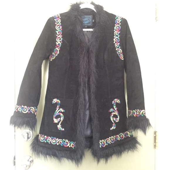 ❤️BLACK suede JACKET COAT faux FUR❤️Embroidered - Picture 3 of 8